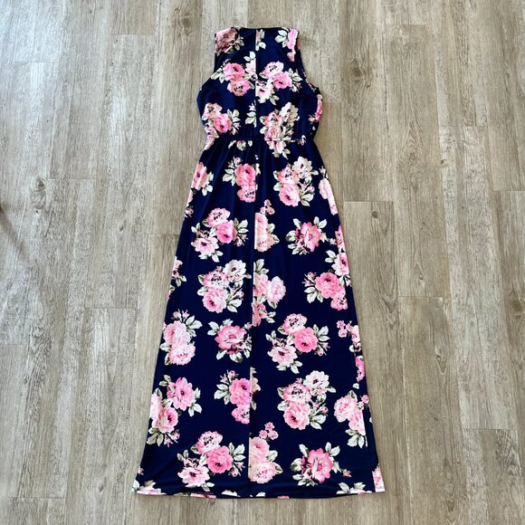Womens Three Pink Hearts Blue with Pink Floral Print Maxi Dress - M - Picture 5 of 7